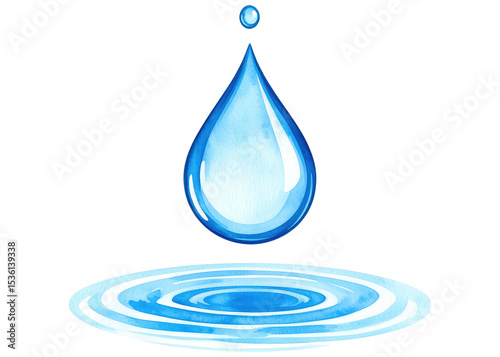 A single, glossy blue water drop descends, forming perfect circular ripples on a calm surface. Ideal for themes of purity, hydration, and environmental concepts.