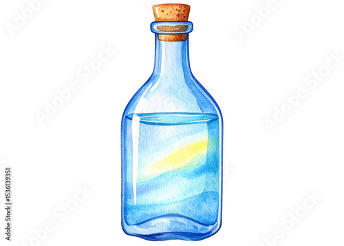 A vibrant watercolor painting depicts a transparent glass bottle sealed with a cork, containing a bright blue liquid. Ideal for design elements related to magic, potions, or beverages.