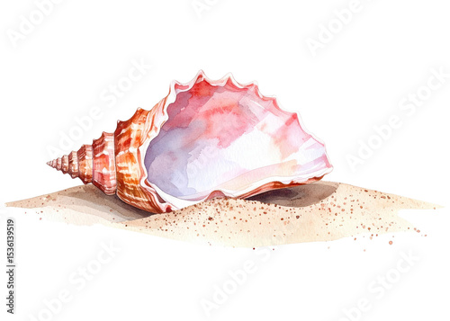 A beautiful watercolor illustration of a conch seashell with a vibrant pink interior, resting gently on a textured sandy surface. Perfect for summer, beach, or ocean themed designs.