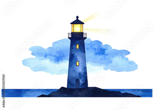 A charming watercolor illustration of a lighthouse standing tall on a rocky island, its beacon shining brightly over the dark blue sea with soft clouds.