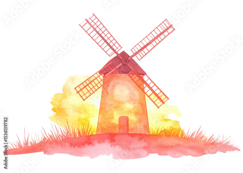 Artistic depiction of a classic windmill rendered in vibrant watercolor strokes with warm orange and red tones, suitable for design projects.