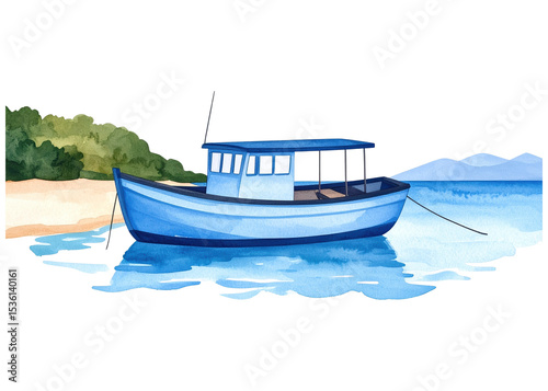 A charming blue fishing boat depicted in a soft watercolor painting style, perfect for nautical themes or coastal designs.