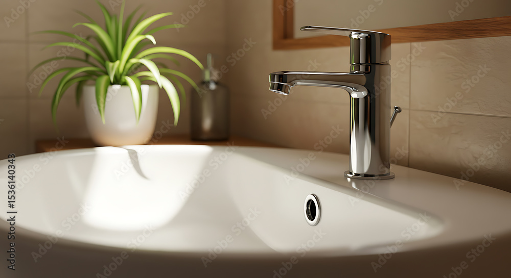 Fototapeta premium Modern Bathroom Sink with Chrome Faucet and Air Plant