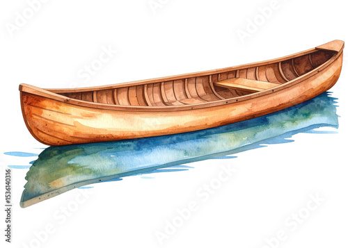 A beautiful watercolor illustration of a classic wooden canoe, perfect for travel, outdoor, or leisure themes.