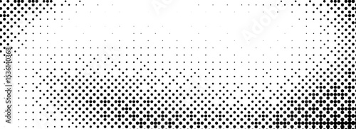 Pixelated bitmap texture background. Black dither pattern wallpaper. Abstract glitch binary gradient pattern. Wide rasterized halftone screen overlay. 8 bit video game backdrop. Vector