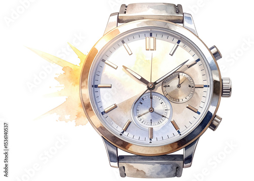 A close up view of an elegant chronograph wristwatch featuring a silver and gold metallic design with a detailed white dial and multiple subdials. Perfect for luxury and fashion themes.