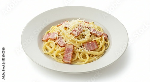 Creamy Pasta with Crispy Bacon and Cheese on White Plate
