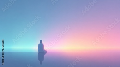 solitary figure in profile sits serenely against vibrant neon color background
