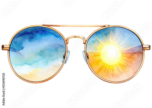 Stylish round sunglasses with gold frames showcase artistic watercolor reflections of a serene beach and a bright sun. Ideal for summer and travel concepts.