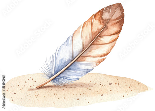 A delicate watercolor illustration of a feather with soft brown and blue hues, resting on a textured sandy surface. Ideal for bohemian, nature, or decorative designs.
