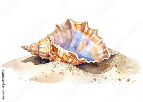 A delicate watercolor painting depicts a conch seashell with intricate details and soft colors, resting on a small pile of sand, evoking a serene coastal feeling.