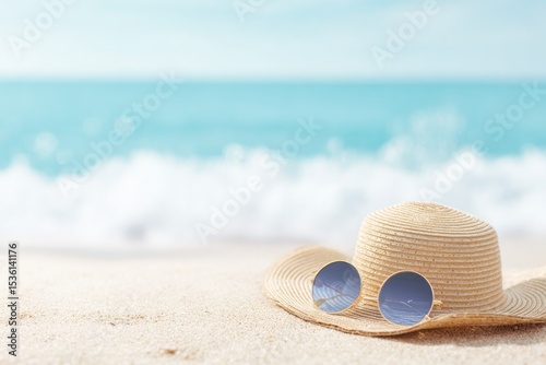 sunhat and sunglasses lying on sandy beach perfect for relaxing summer holidays with ample copy space