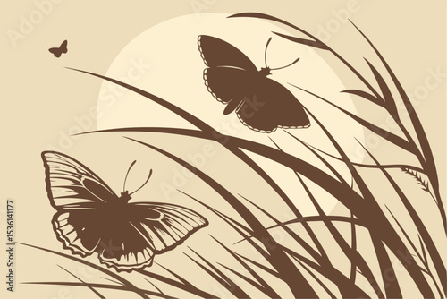 Close-up backlit silhouette of two butterflies mating on long grass, Indonesia
