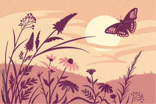 Sunset Serenity: Butterfly Silhouette in a Wildflower Field