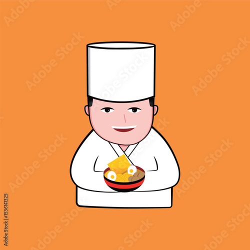 A friendly chef holding a bowl of meatballs and noodles. Great for cooking, culinary, or restaurant themes.