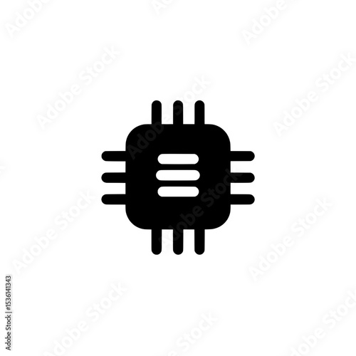 Compact black microchip icon with extended lines representing connection pins, ideal for technology and electronic system visuals.