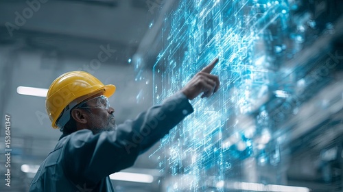 worker with hard hat pointing at digital overlay in futuristic zone
