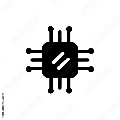 Bold icon of a microchip processor featuring a diagonal pattern in the core and multiple connection pins, ideal for tech and AI designs.