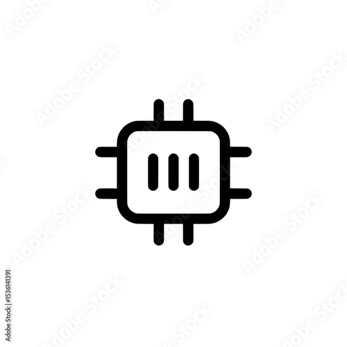 Solid black icon of a microchip processor with central core and symmetrical pins, symbolizing data processing and computing.