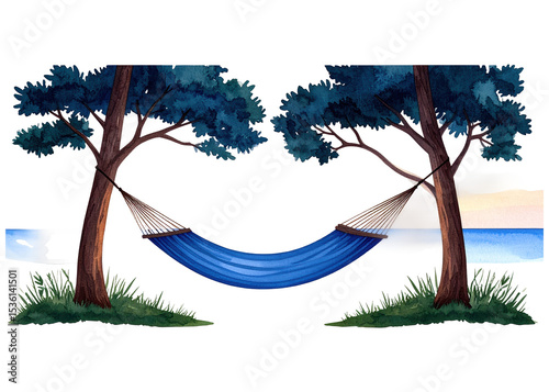 An inviting blue fabric hammock hangs between two strong trees, suggesting a tranquil spot for rest and leisure in a natural outdoor environment.