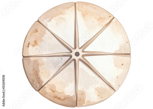 A watercolor illustration of a round object divided into eight equal segments. It resembles a pie or pizza cut, ideal for concepts of sharing or division.