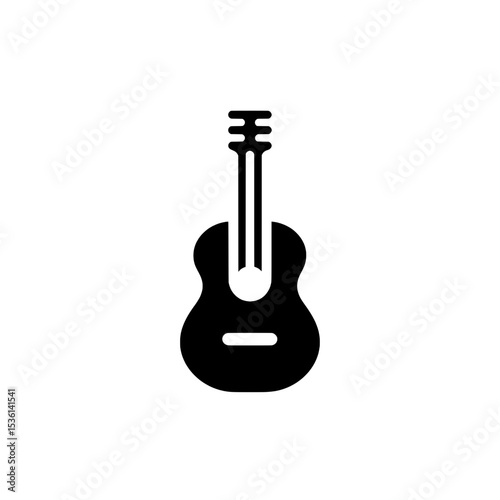 Simplified guitar icon with bold body and string detail, representing music and string instruments in bold graphic style.