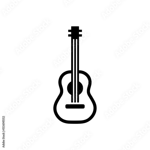 Thin outline icon of a classical acoustic guitar with six strings and detailed body curves, ideal for music-related designs.