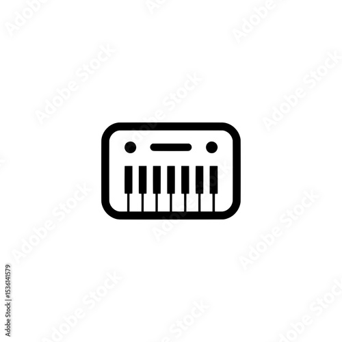 Simple outline icon of a classic upright piano with visible keys and frame, suitable for music, education, and performance visuals.