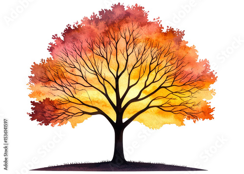 A beautiful watercolor illustration of a tree with vibrant autumn colors and intricate bare branches. Perfect for nature themes, seasonal designs, or artistic projects.