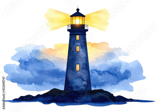 A beautiful watercolor illustration of a lighthouse standing tall, its beacon shining brightly over stylized blue waves. Ideal for maritime themes.