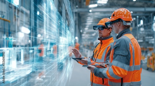 worker with hard hat pointing at digital overlay in futuristic zone