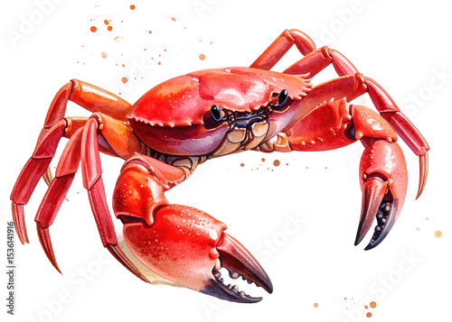 Detailed illustration of a vibrant red crab, showcasing its intricate shell, legs, and strong claws. Ideal for culinary designs, seafood menus, or marine life concepts.