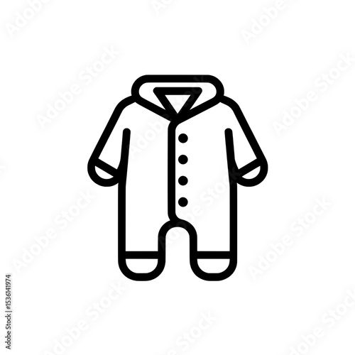 Line icon of a baby jumpsuit with an attached hood and footed legs, suitable for winter baby clothing visuals.