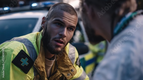First Responder Dialogue: A close-up captures an intense discussion between two first responders. Their expressions and body language tell the story of compassion and focus in a high-stakes situation.