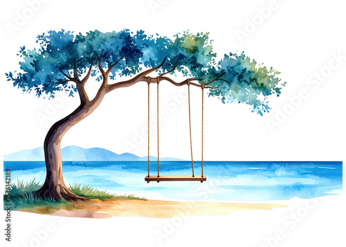 A serene watercolor painting depicts a sturdy tree with a wooden swing, set against a tranquil beach and blue ocean. It evokes feelings of peace and summer relaxation.
