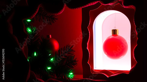 Christmas window with pine and lights christmas candles on red background

