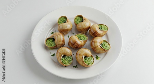 Escargots on White Plate with Green Herb Butter Garnish