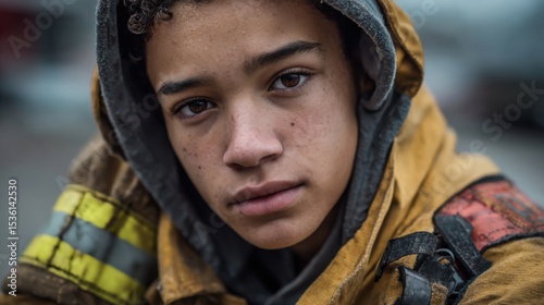 A Young Firefighter's Determination: A young, determined individual, clad in protective firefighter gear, gazes intently, showcasing strength and dedication amid the challenges of service. 
