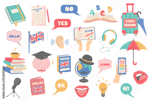 Learn English vector set. Studying foreign languages concept