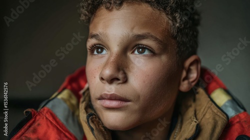 Aspiring Boy with Dream: A young boy gazes upwards, lost in thought, dreaming of the future. His face reflects a mix of hope, determination, and wonder.