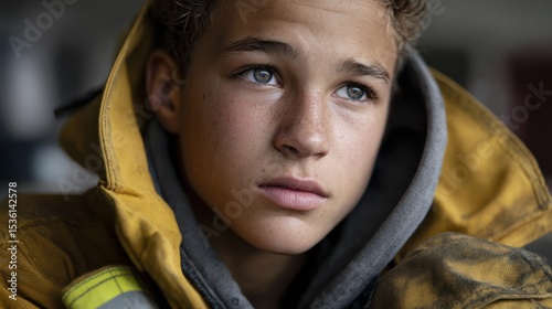 Portrait of Young Firefighter: A determined youth, clad in the protective gear of a firefighter, gazes thoughtfully into the distance, his focused eyes conveying a sense of purpose and dedication.