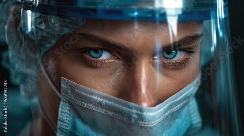 Resolute Guardian: A healthcare professional's intense gaze, under the weight of protective gear, conveys unwavering dedication and vigilance, a powerful testament to the challenges faced.