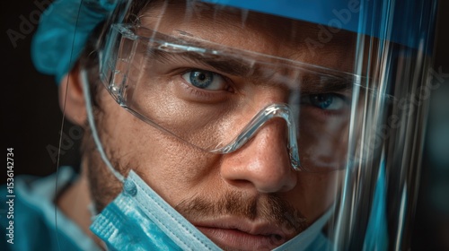 Focused Defender: A close-up portrait of a dedicated healthcare professional, eyes filled with determination and resilience, protected by essential safety gear.