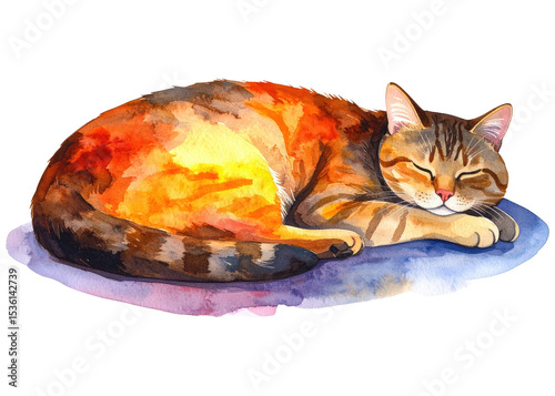 A charming watercolor illustration of a tabby cat peacefully sleeping, curled up on a soft blue cushion. Perfect for pet related designs or children books.