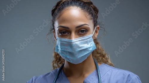 Nurse Amidst Duty: A dedicated nurse, wearing a medical face mask and scrubs, radiates determination and resilience, symbolizing the selfless service of healthcare professionals.