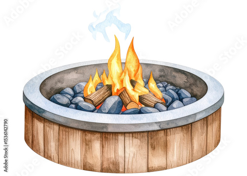 Hand painted watercolor illustration of an outdoor fire pit with a concrete rim, wooden base, and glowing flames over logs and river stones. Perfect for cozy outdoor themes.