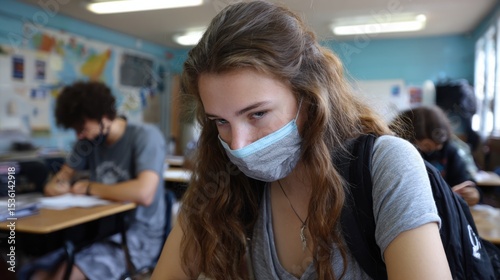 Classroom Study in Pandemic Era: Capturing the essence of modern education, students wear protective masks within a traditional classroom setting.