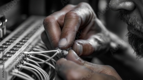 Precision in Detail: A focused artisan meticulously weaves a network of wires, revealing the intricate craftsmanship of technology.