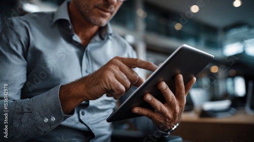 Tech-Savvy Professional Engaged: A close-up shot captures a focused professional engrossed in his tablet, epitomizing modern business and the digital age.