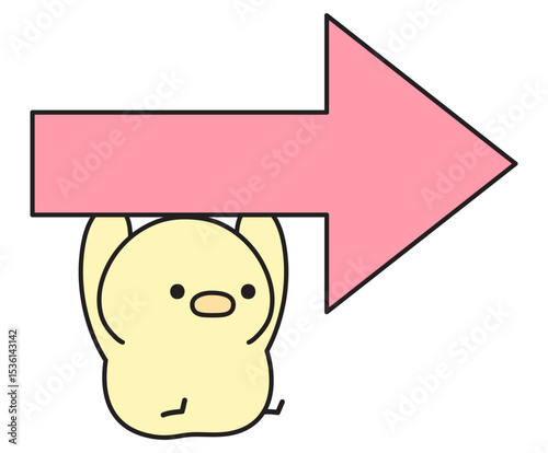 右向きの矢印にぶら下がる可愛いひよこのイラスト